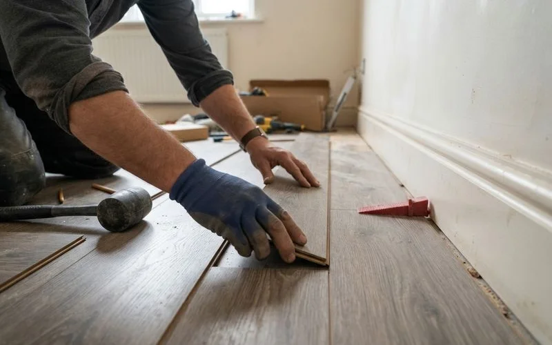 An installer fitting click-lock SPC planks along a wall with an expansion gap left at the skirting