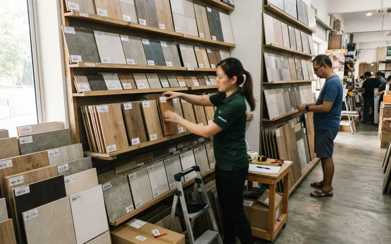 A flooring showroom in Klang Valley displaying vinyl, timber and tile samples for customers to compare