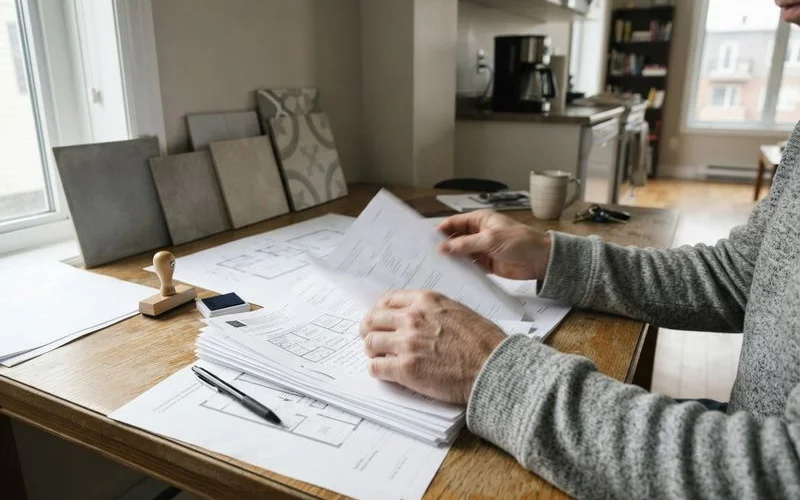 A homeowner reviewing renovation application paperwork with a condo management office in Klang Valley